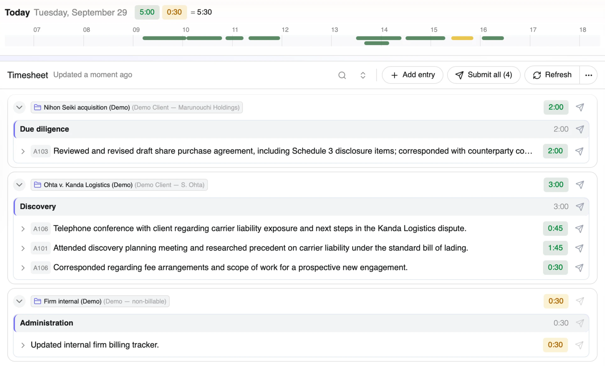 The Tokuma app on its sample day. Tuesday's timesheet is already written: five entries filed to three matters, five and a half hours in all, ready to submit.
